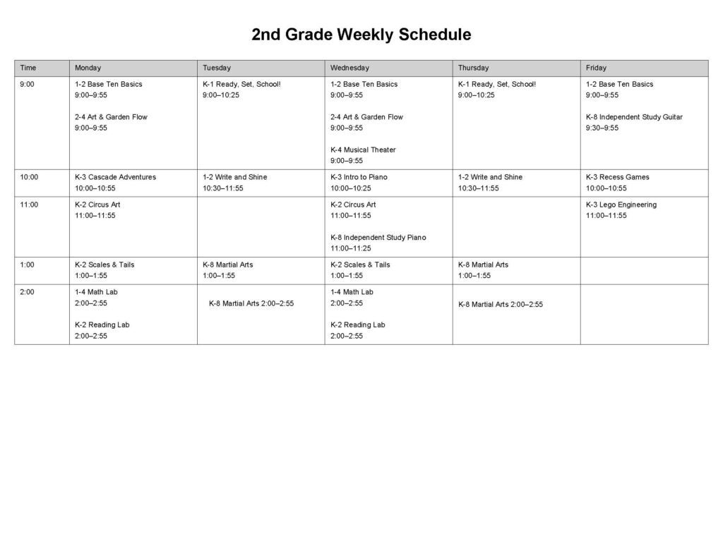 2nd grade weekly view of classes
