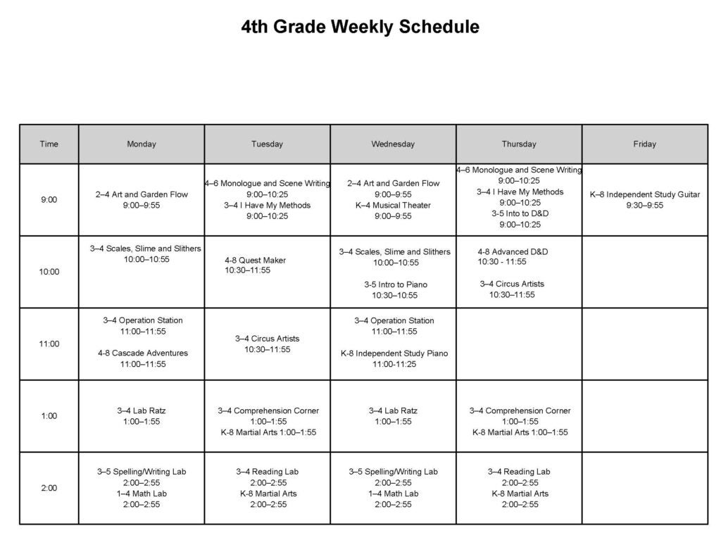 4th grade weekly view of classes