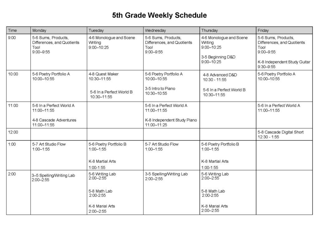 5th Grade weekly view of classes