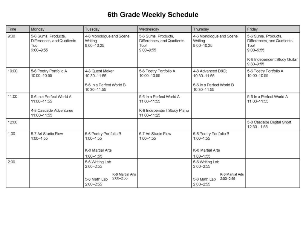 6th grade weekly view of classes