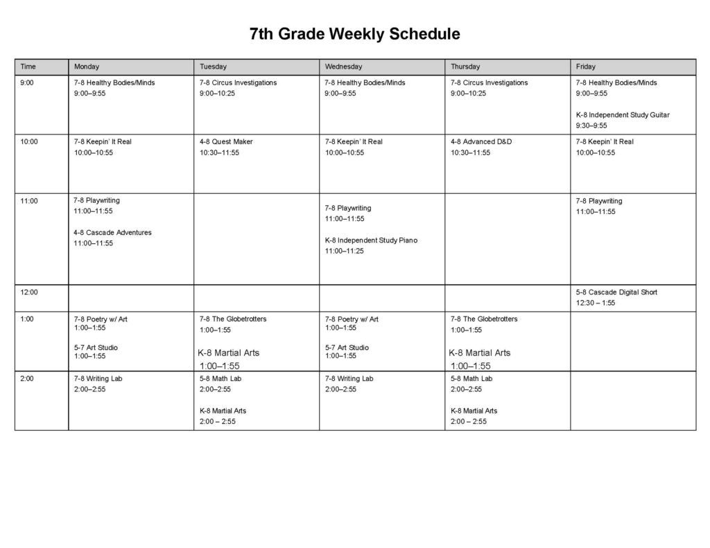 7th grade weekly view of classes