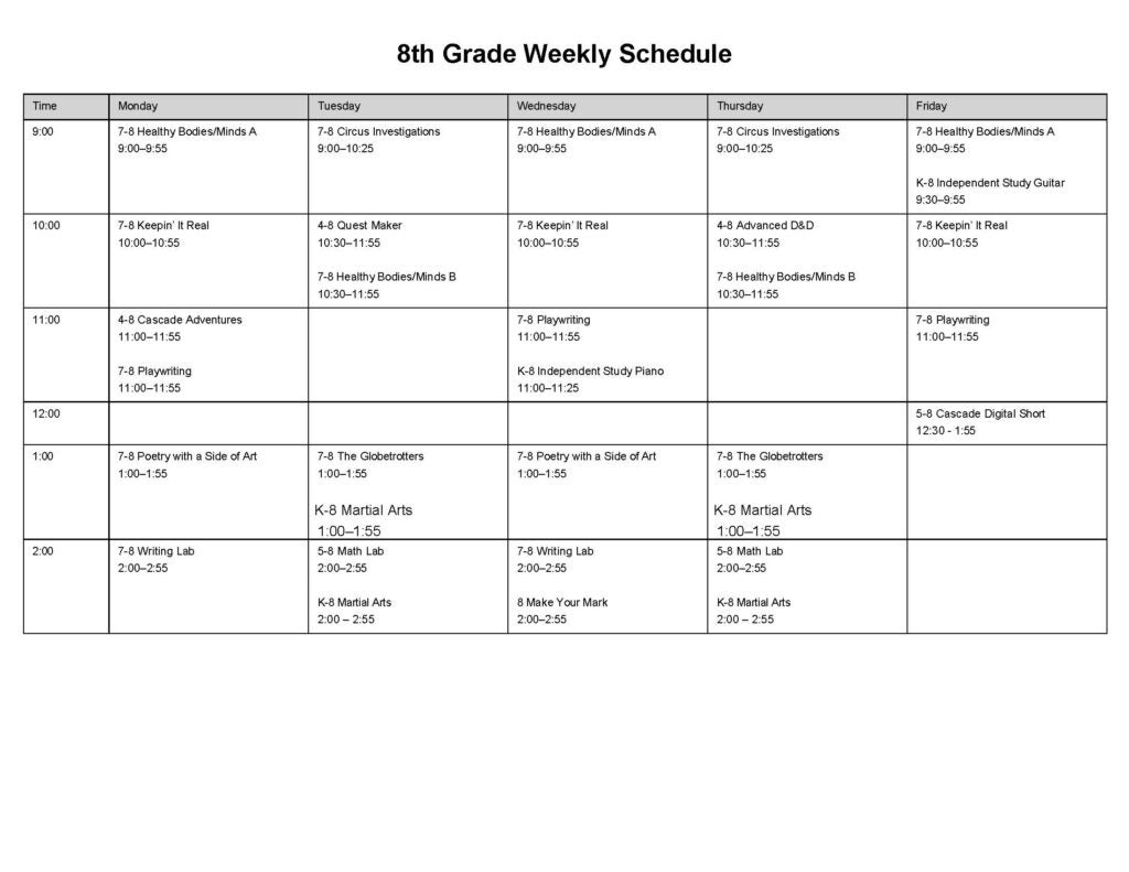 8th grade weekly view of classes