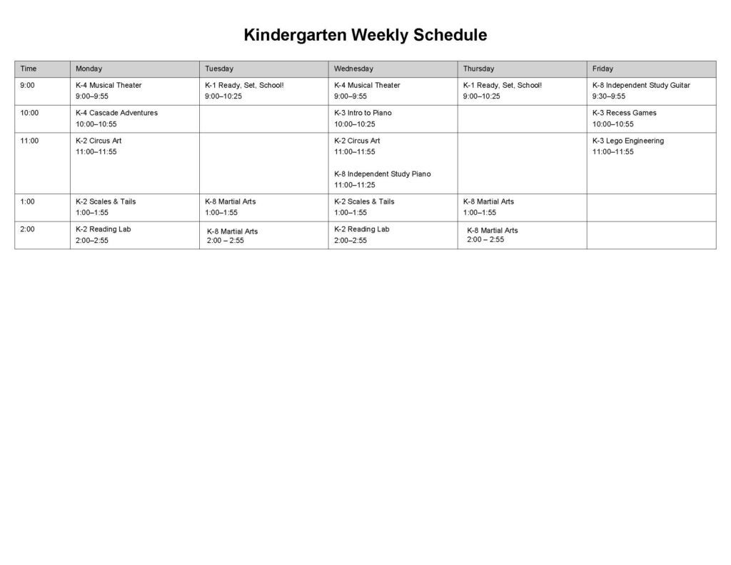 Kindergarten weekly view of classes