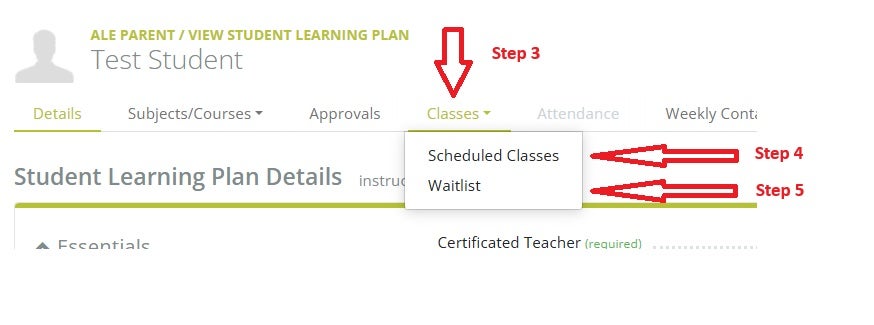 Visual instructions for view classes and waitlist in ALE