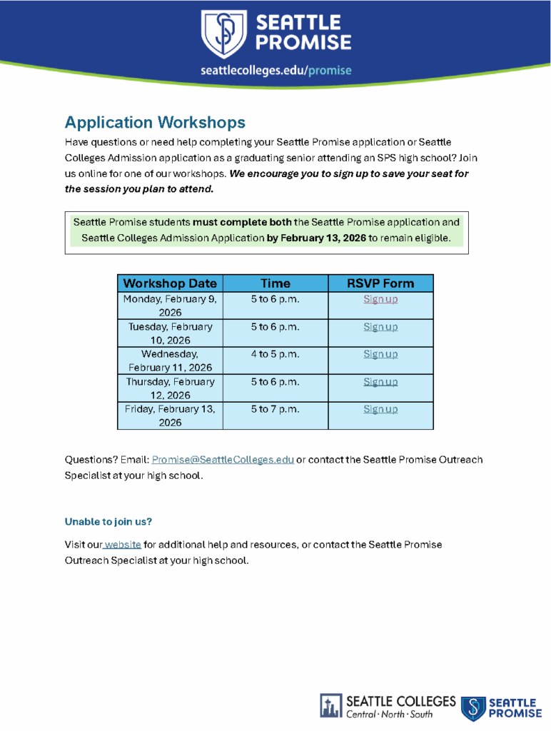 Seattle Promise Scholarship Last Chance Application workshops on Zoom before Feb 13th
