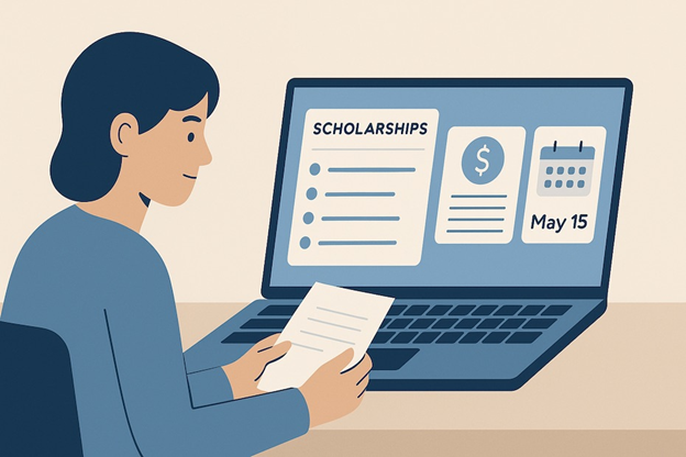 Graphic of student searching for scholarships on a computer