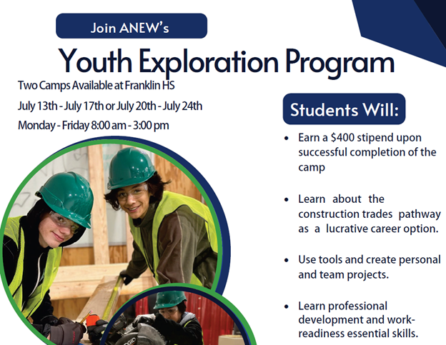 Anew summer youth exploration program at Franklin HS - Earn $400 and learn skills!