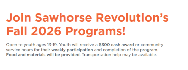 Sawhorse Revolution Fall 2026 programs pay $300 as you learn design and construction skills