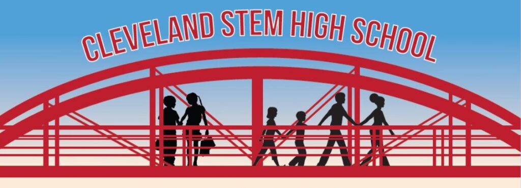 Bridge with figures walking across. Text: Cleveland STEM High School