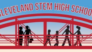 Bridge with figures walking across. Text: Cleveland STEM High School