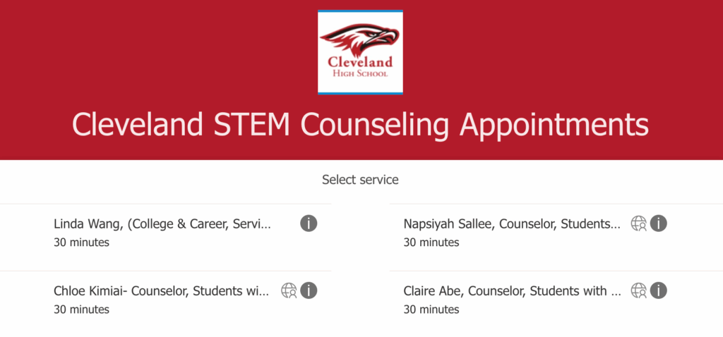 Bookings page with listing of Counselors also on the webpage.