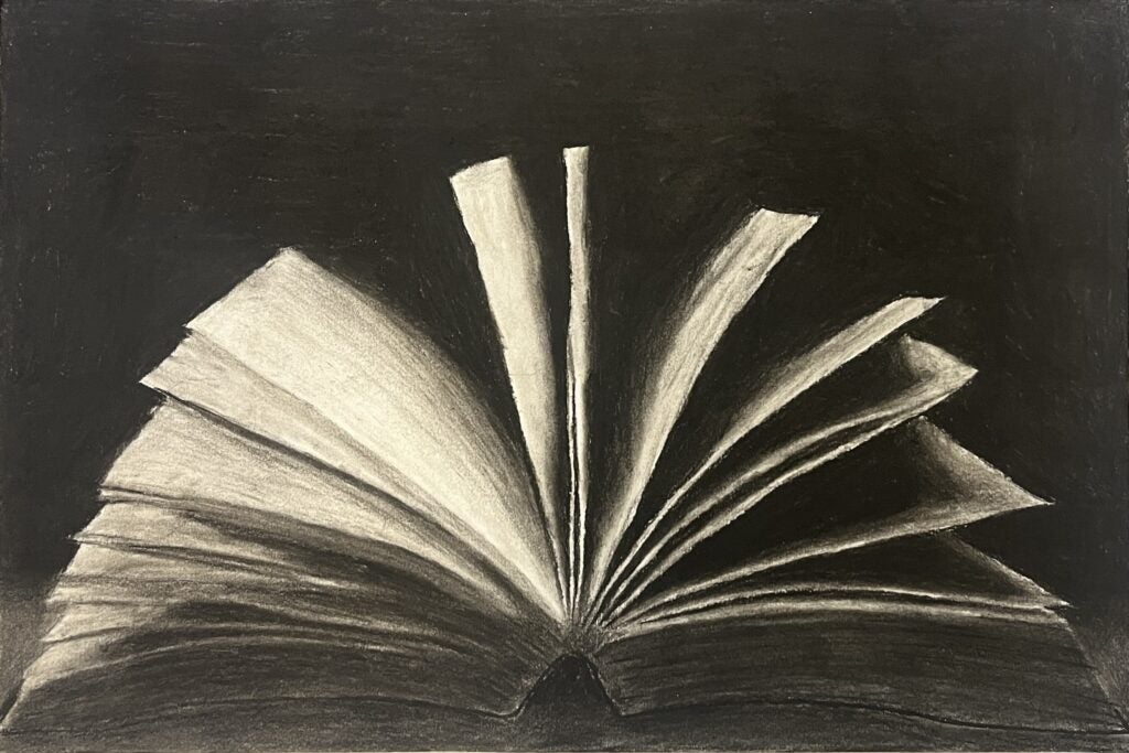 Drawing of open book with pages raised. Saiichi Johnson