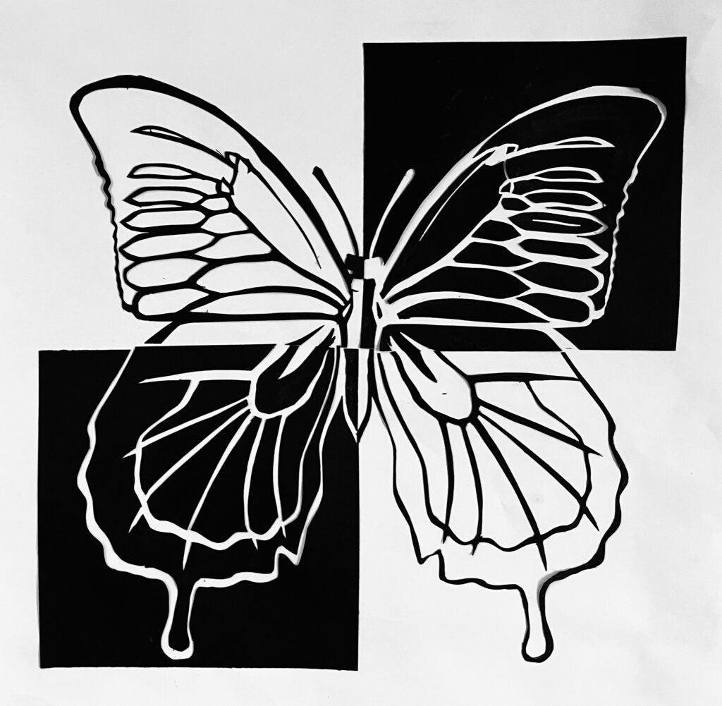 Black and White drawing of a butterfly. Qing Liang