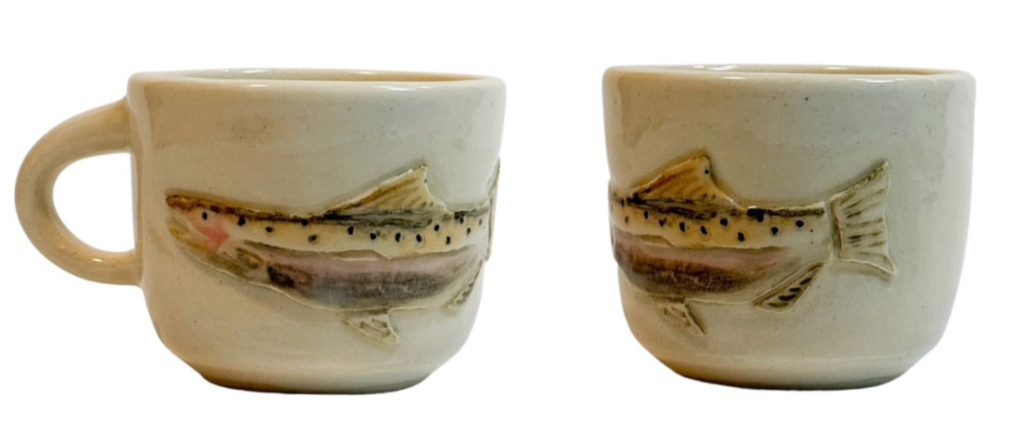 2 Ceramic Cups with head and tail of trout. Parker Masterson