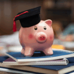 Piggy Bank with Graduation Cap sitting on Diplomas.