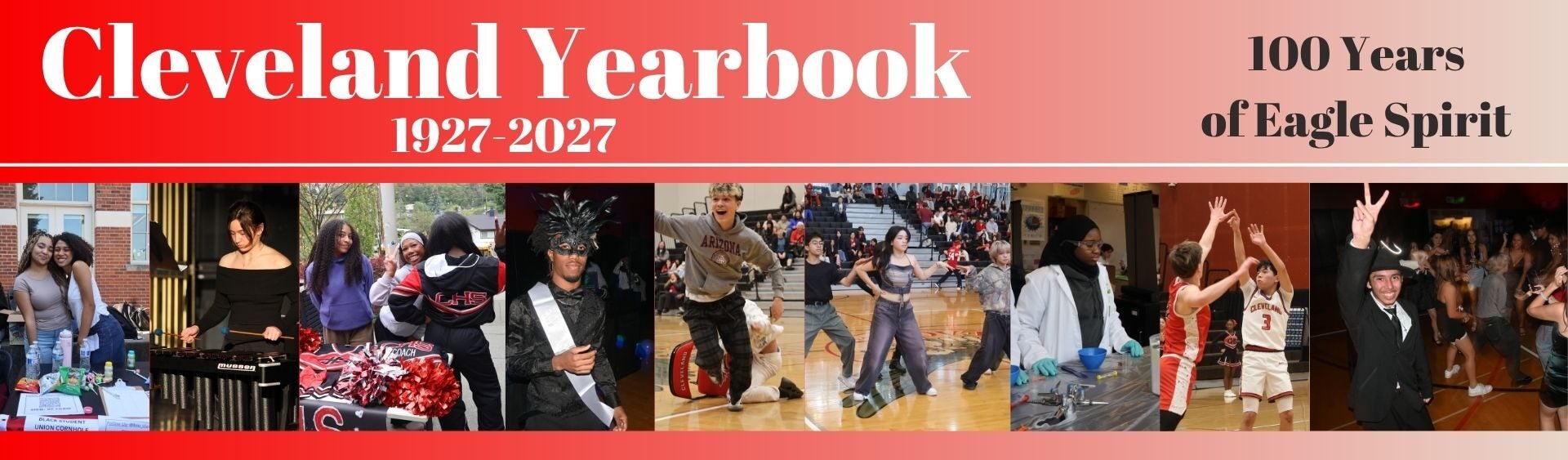 Collage of student photos in the yearbook. Text: Cleveland Yearbook 100 Years of Eagle Spirit. 1927- 2027