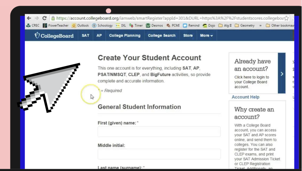 Screen of College Board Student Account set up.