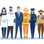 Characters in different job roles, nurse, fire fighter, farmer, dentist
