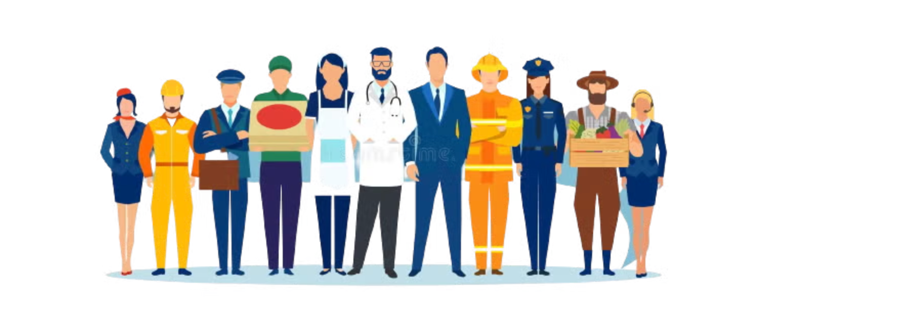 Characters in different job roles, nurse, fire fighter, farmer, dentist