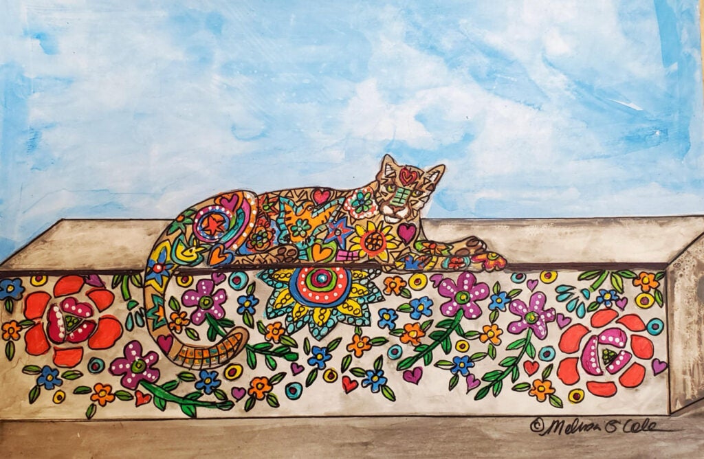 Colorful illustration of reclining puma used to guide our mosaic project.