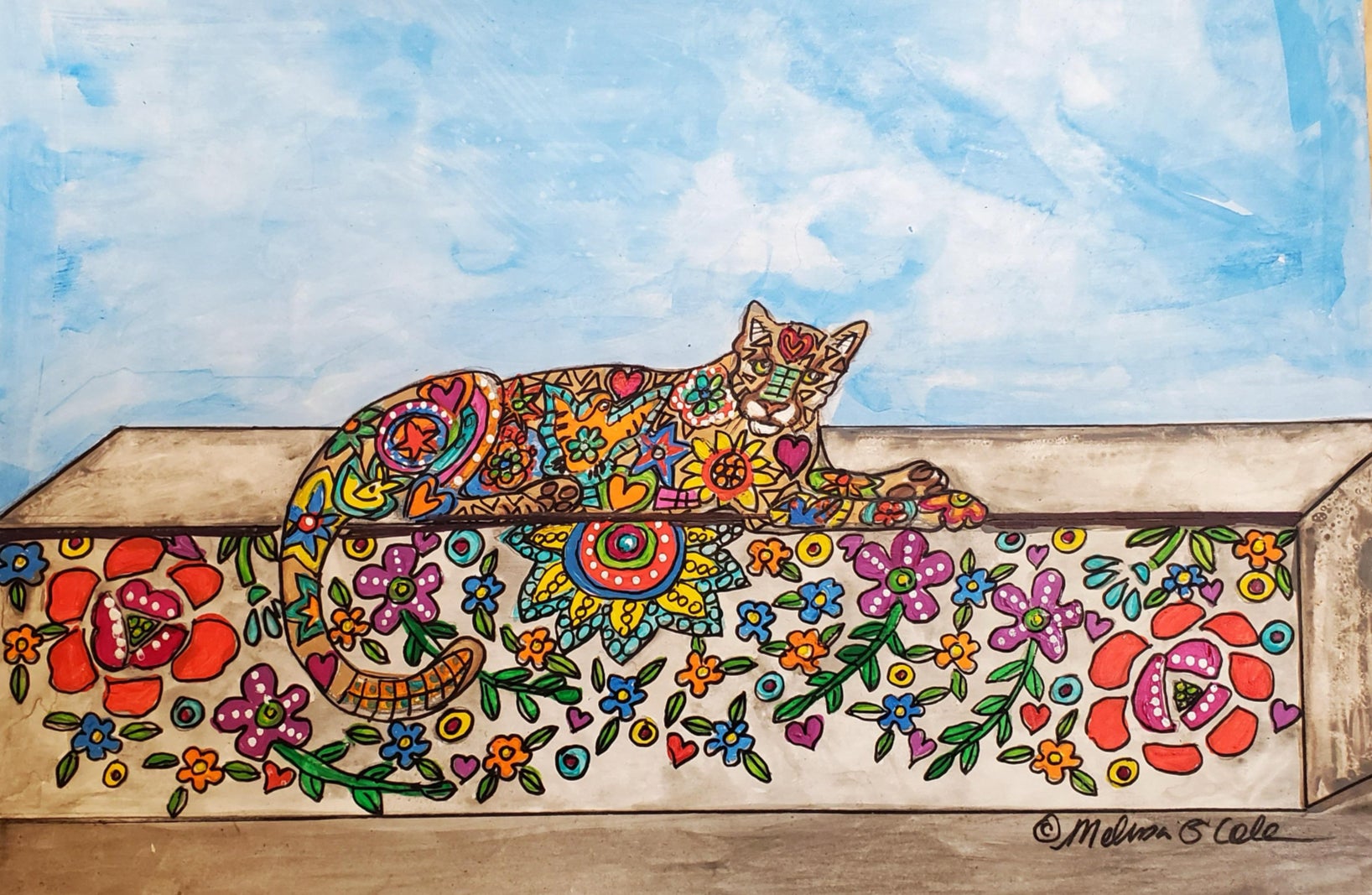 Colorful illustration of reclining puma used to guide our mosaic project.