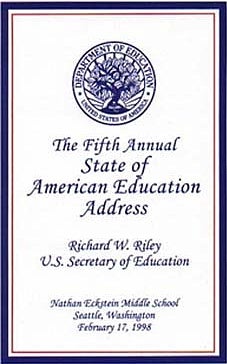 Image of flyer for Richard Riley visit. Fifth Annual State of American Education Address Richard W. Riley 