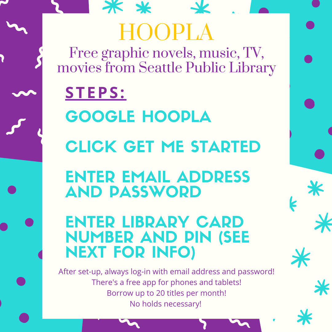 Hoopla steps: 

Google Hoopla
click get me started
eneter email address and password
enter library card number and pin 