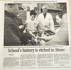 Image of a news article Eckstein is celebrating 50 years, and this science teacher has been there 40