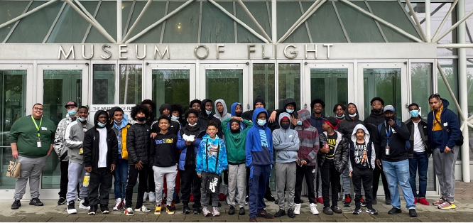 Students outside the Museum of Flight