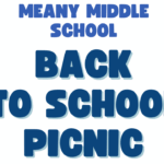 Flyer detailing the Back-to-School picnic on August 28th from 5-7pm. Self guided tours, Meany PTSA provided snacks, Bring your own picnic, Wear your Meany spirit wear