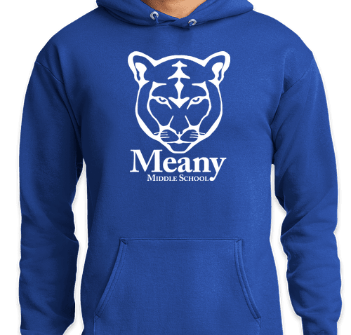 blue hoodie with the Meany Mountain Lion logo on the chest