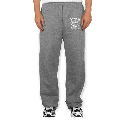 grey sweat pants with the Meany logo on the leg