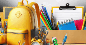 school supplies backpack colored pencils