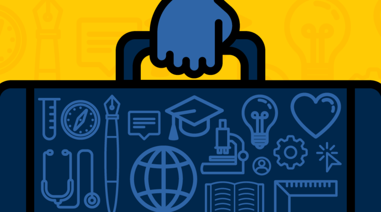 graphic of a hand holding a briefcase with symbols representing different career pathways