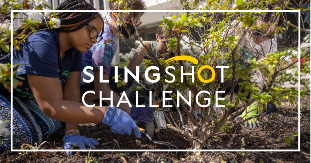 Slingshot Challenge logo overlaying an image of a young woman gardening in the background