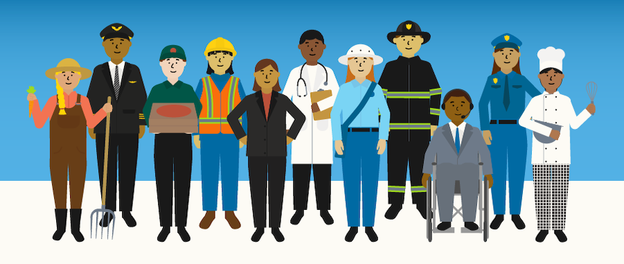 Graphic of people in various occupations such as chef, police officer, construction worker, mailman, delivery service, firefighter, doctor, businessperson, farmer, etc.