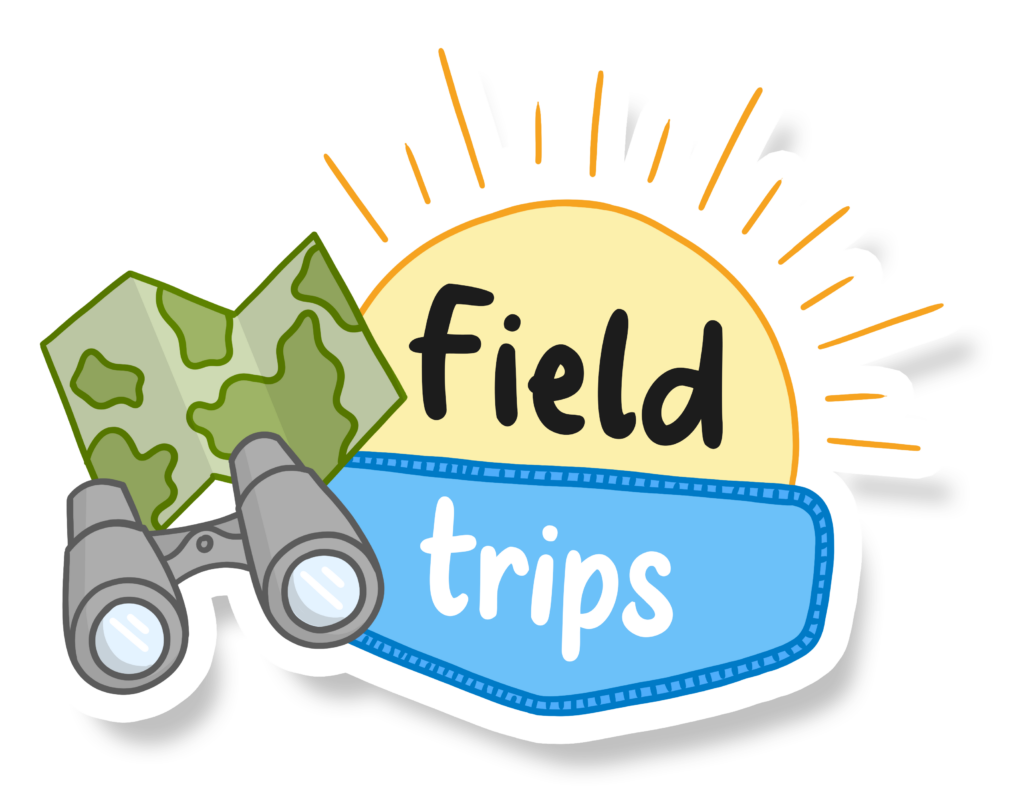 graphic / clip art of binoculars, map, the sun, and the words "field trips" 