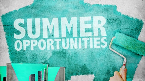 The text "Summer Opportunities" in white font over a wall being painted a turquoise color with a hand using a roller brush.