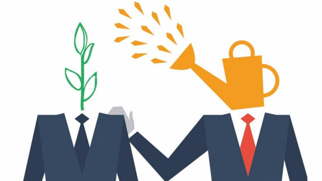 graphic of two people in suits. one has a plant head, the other has a watering can head