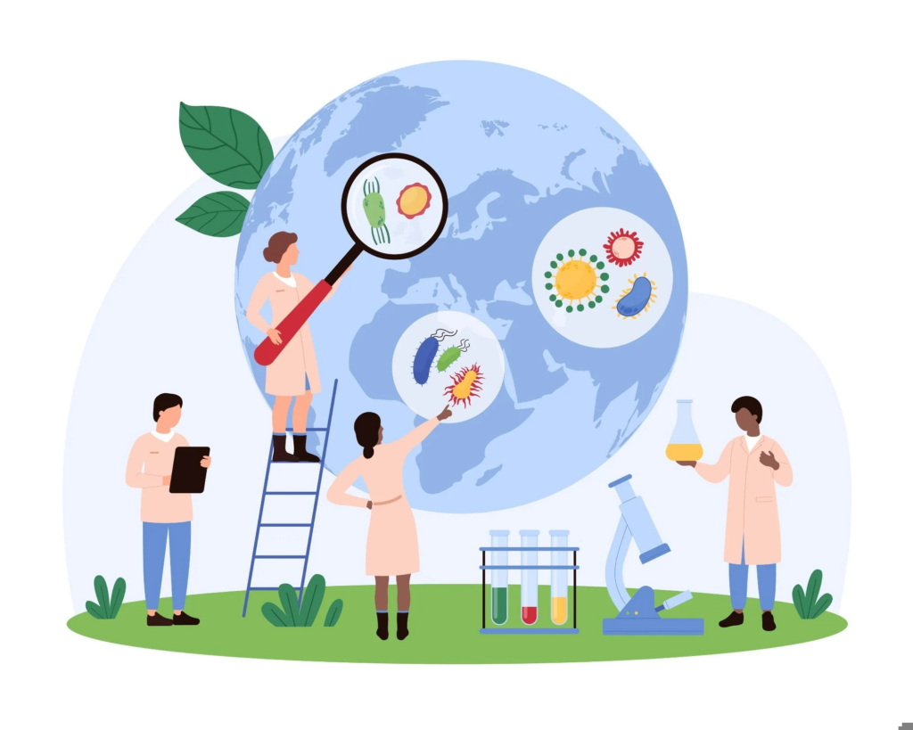 graphic of people around a globe who are scientists 