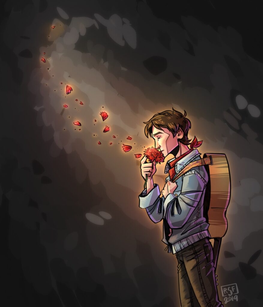 graphic image of  a person smelling flowers