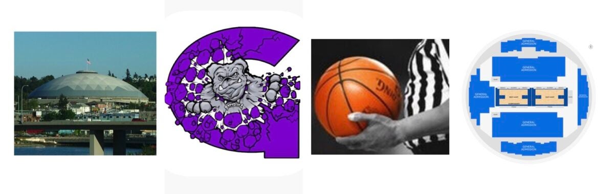 Collage Tacoma Dome, Bulldog logo, Baskeball and Basketball Court