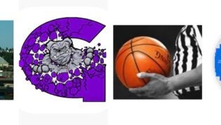 Collage Tacoma Dome, Bulldog logo, Baskeball and Basketball Court