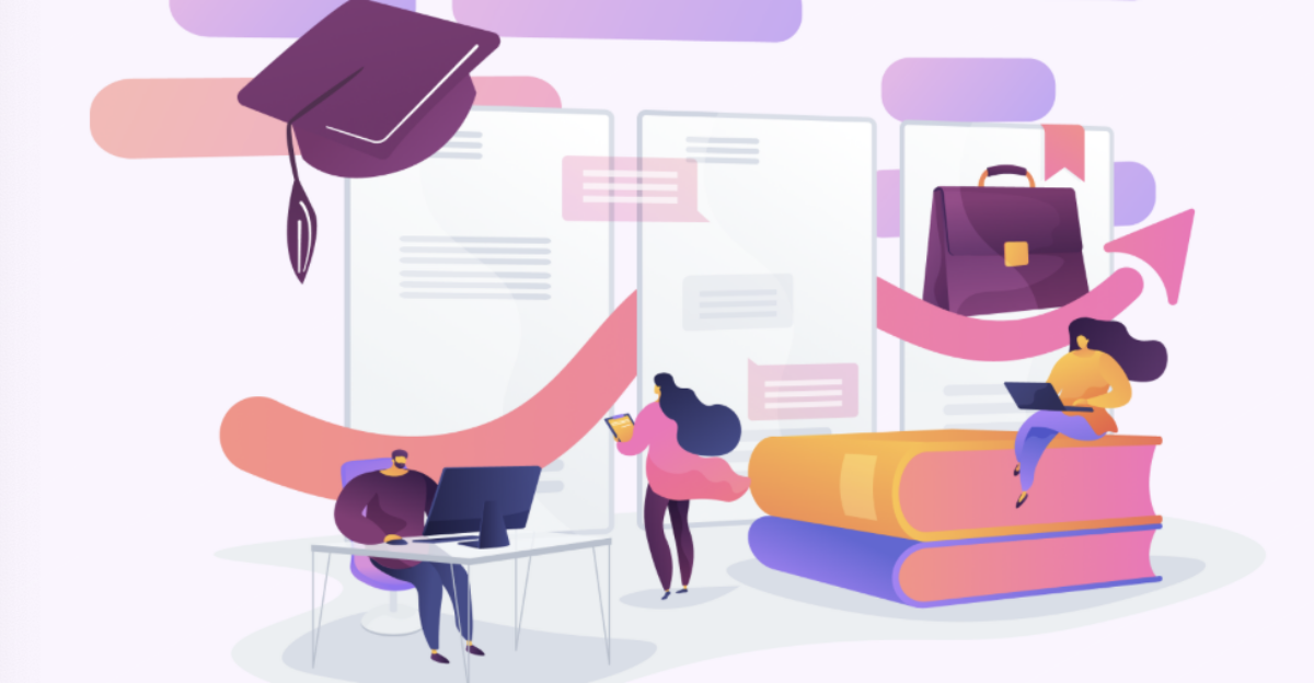 Drawings of students in chairs with laptops and a graduation cap floating at the top