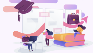 Drawings of students in chairs with laptops and a graduation cap floating at the top