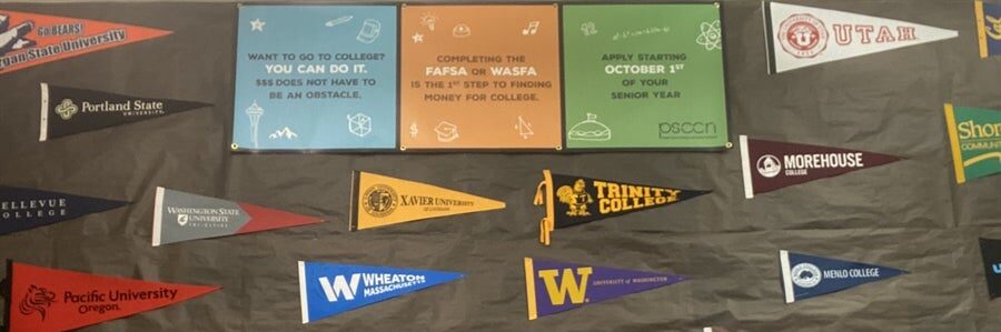 Career Center Bulletin Board with College Banners.