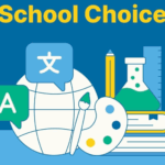 Text: School Choice. Images of beakers, world, paint supplies.