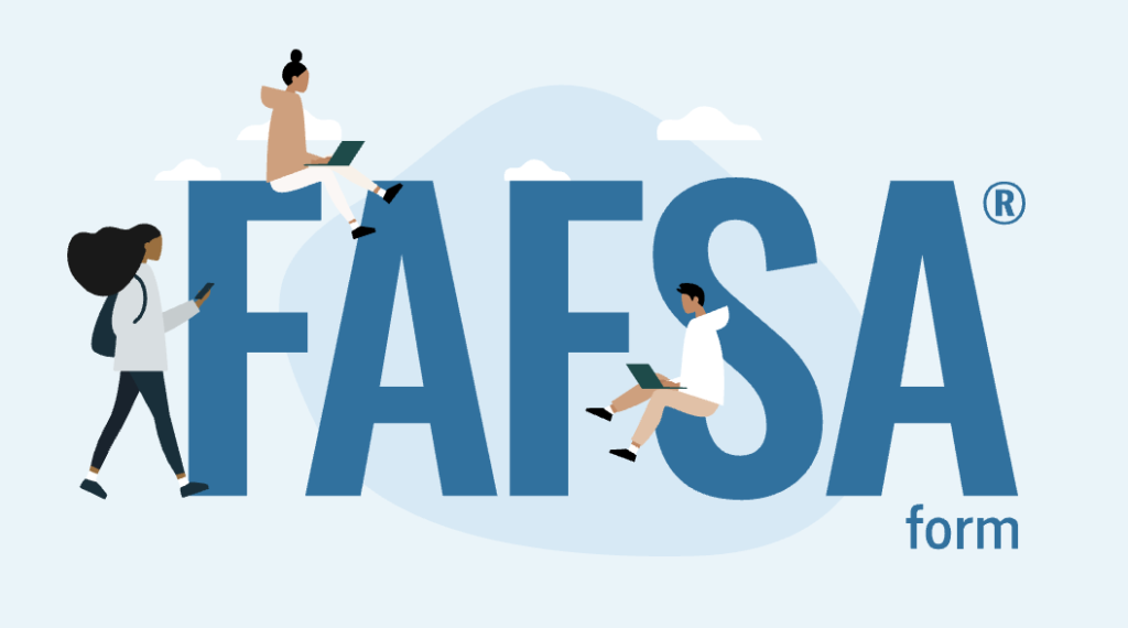 FAFSA logo. Student characters on the letters.