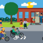 Graphic of students arriving at school via walking, biking, or rolling in a wheelchair