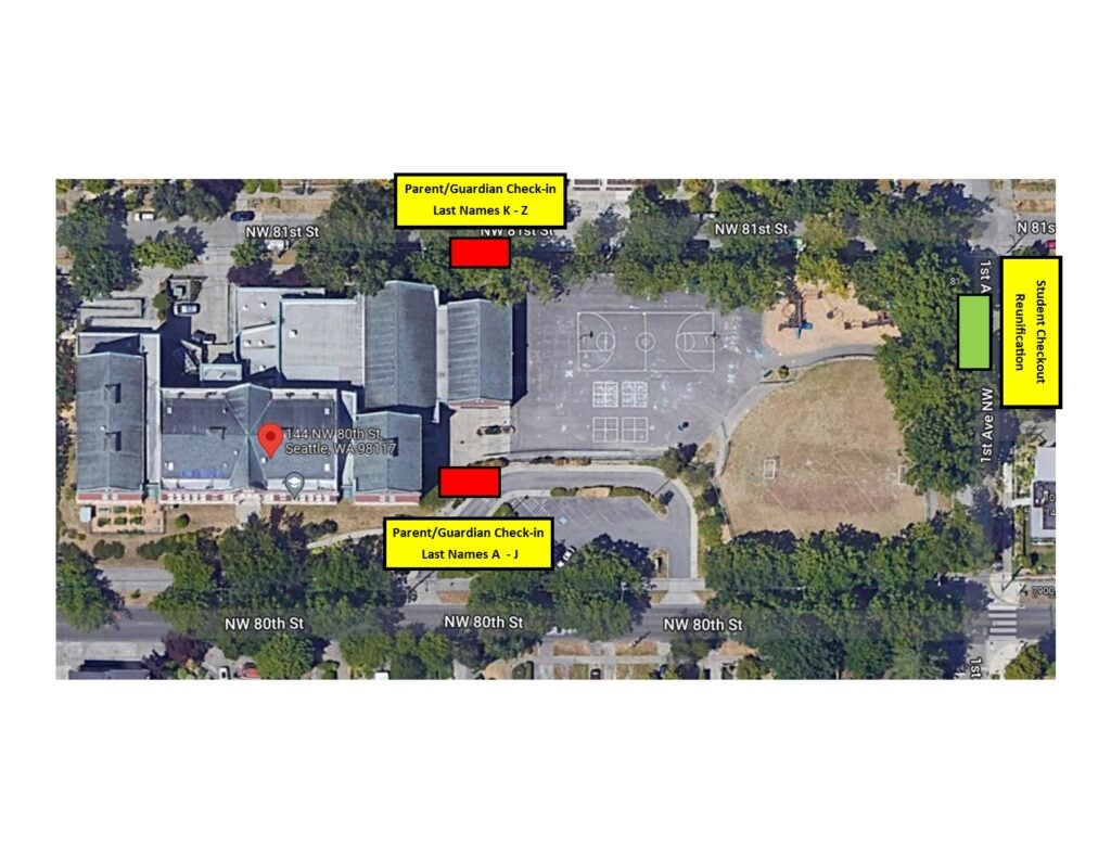 birds eye view of campus and check-in, check-out, and reunification